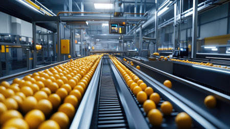 Conveyor belts transporting eggs through a modern industrial processing line, with clean stainless steel machinery.の素材