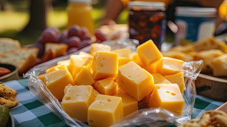 Cheese cubes in plastic packages arranged on a picnic table with other snack foods and beveragesの素材