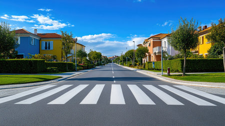 A zebra crossing on a suburban road, with colorful houses and neatly trimmed hedges in the background.の素材