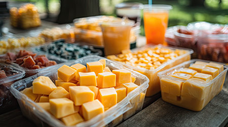 Cheese cubes in plastic packages arranged on a picnic table with other snack foods and beveragesの素材