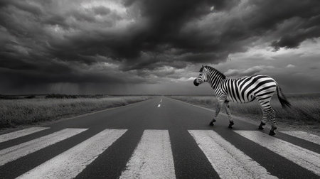 A zebra crossing on an open road, framed by dramatic storm clouds in the distance.の素材