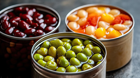 Cans of fruit cocktail, beans, and tuna displayed with their contents poured into glass bowls for a recipeの素材