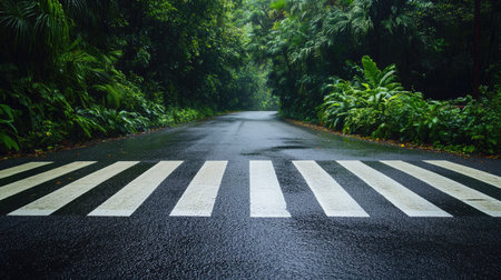 A zebra crossing with slightly worn lines, surrounded by lush greenery on a country road.の素材