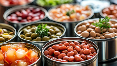 Cans of fruit cocktail, beans, and tuna displayed with their contents poured into glass bowls for a recipeの素材