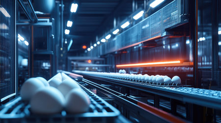 Brightly lit factory floor with eggs passing through an automated quality grading system.の素材