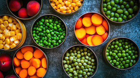 Close-up of open cans revealing vibrant foods like green peas, sweet corn, and sliced peaches on a textured backgroundの素材