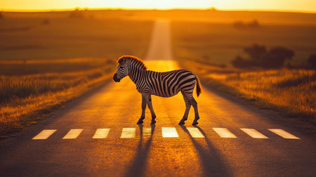 A zebra crossing on a rural road at sunset, with golden light illuminating the scene.の素材