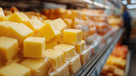 Cheese cubes in recyclable plastic packaging displayed in a zero-waste supermarket sectionの素材