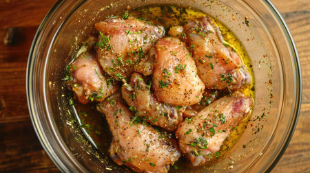 Chicken wings marinating in a glass bowl with a blend of spices, herbs, and olive oil, placed on a wooden table.の素材