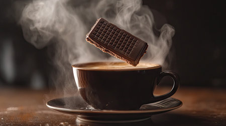 Close-up of a chocolate wafer being dunked into a cup of hot coffee, with steam rising.の素材