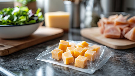 Cheese cubes in a resealable pack on a kitchen counter next to a salad bowl and cutting boardの素材