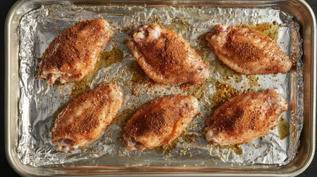 Chicken wings prepared with dry rub spices, spread evenly on a baking tray lined with foil.の素材