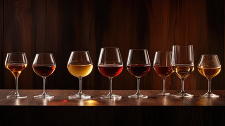 Different types of wine in glasses on a dark wood table, highlighted with warm lighting for a cozy feelの素材