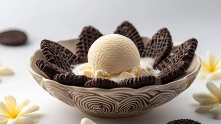 Chocolate wafers arranged around a scoop of vanilla ice cream in a decorative bowl.の素材