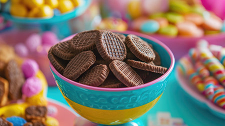 Chocolate wafers displayed in a colorful candy bowl alongside candies and cookies at a party.の素材