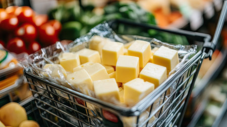 Cheese cubes in plastic packages, placed in a grocery shopping cart with other dairy products and vegetablesの素材