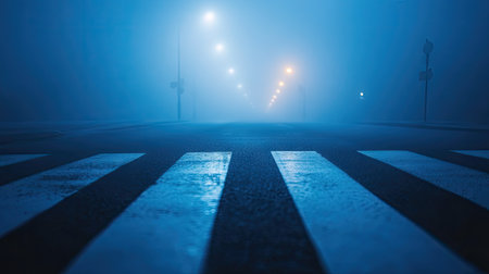 A zebra crossing on a misty street, with subtle reflections from nearby streetlights.の素材
