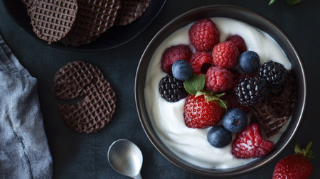 Chocolate wafers paired with a bowl of yogurt and fresh berries for a balanced snack.の素材