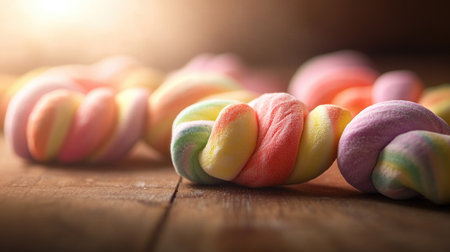 Close-up of colorful twisted marshmallows on a wooden table, with soft natural lighting and a cozy background.の素材
