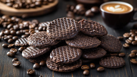Chocolate wafers scattered on a dark wooden table, surrounded by coffee beans and a cup of espresso.の素材