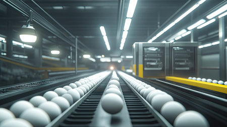 Brightly lit factory floor with eggs passing through an automated quality grading system.の素材