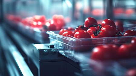 Mechanized sorting line efficiently filling plastic trays with tomatoes of uniform size and colorの素材