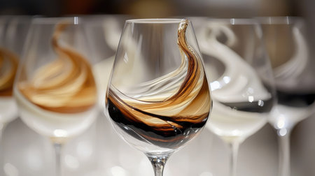 Close-up of swirling wine in a glass, with other glasses filled with different wines in the backgroundの素材