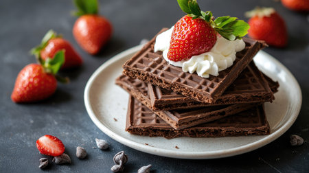 Chocolate wafers placed on a white plate, styled with strawberries and whipped cream for a dessert setup.の素材