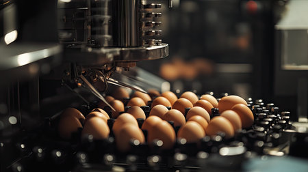 Industrial-grade machines grading eggs by size and weight, with a focus on the sorting process.の素材
