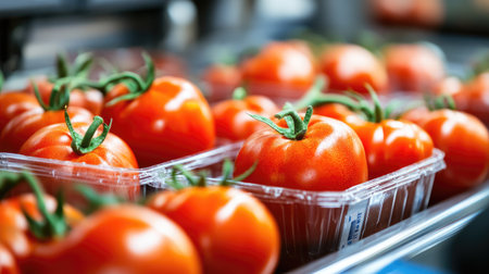 Bright red tomatoes in recyclable plastic trays being labeled on a conveyor belt in a food packaging facilityの素材