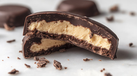 Close-up of a chocolate wafer broken in half, with crumbs and creamy filling visible on a marble surface.の素材