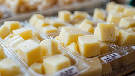 Close-up of cheese cubes in clear plastic trays with labels showing nutritional informationの素材