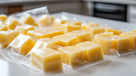 Close-up of neatly arranged cubes of yellow cheese sealed in clear plastic packaging on a white kitchen countertopの素材