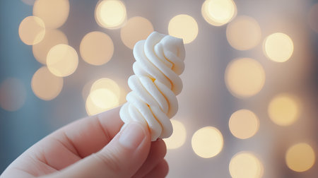 Close-up of fingers holding a twisted marshmallow, with a playful bokeh background.の素材