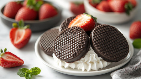 Chocolate wafers placed on a white plate, styled with strawberries and whipped cream for a dessert setup.の素材