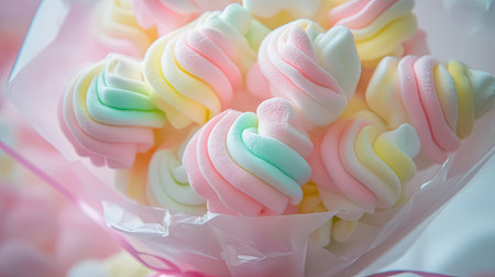 Close-up of a bouquet made from twisted marshmallows wrapped in cellophane with a cheerful ribbon.の素材