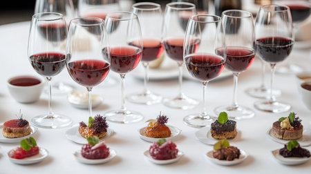 Glasses of wine paired with small plates of gourmet food on a fine dining table setupの素材
