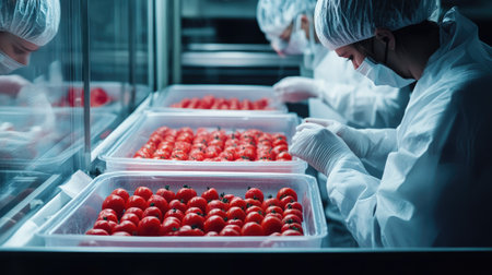 Modern food factory workers packing tomatoes into clear plastic trays, adhering to hygiene protocolsの素材