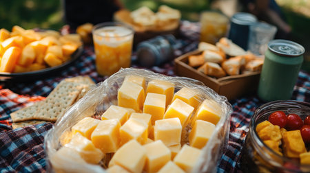 Cheese cubes in plastic packages arranged on a picnic table with other snack foods and beveragesの素材