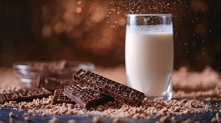 Chocolate wafers dipped in milk, with a glass of milk and crumbs scattered on the table.の素材