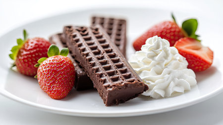 Chocolate wafers placed on a white plate, styled with strawberries and whipped cream for a dessert setup.の素材