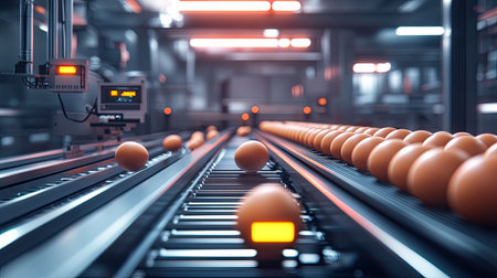 Eggs rolling down a conveyor belt in an industrial facility, with automated quality control sensors overhead.の素材
