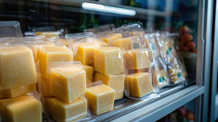Cheese cubes in resealable plastic packaging displayed in a fridge with other dairy productsの素材