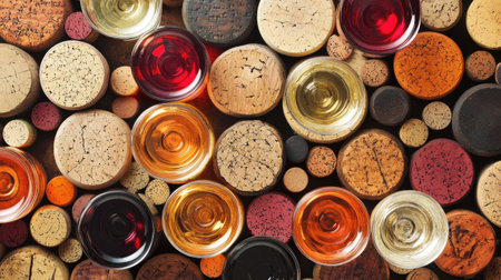 Glasses of wine set against a textured background of corks, highlighting the variety of colors and texturesの素材