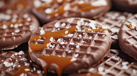 Close-up of gourmet chocolate wafers drizzled with caramel and sprinkled with sea salt.の素材