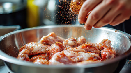 Close-up of raw chicken wings in a stainless steel bowl, with a hand sprinkling spices over them.の素材