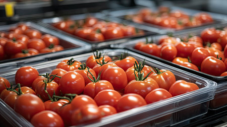 Industrial food processing machinery sorting and stacking plastic trays of tomatoes in a clean facilityの素材