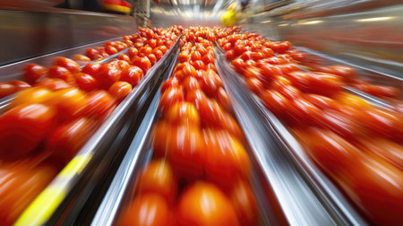 High-speed camera shot of trays filled with tomatoes moving swiftly on a conveyor in a food processing plantの素材