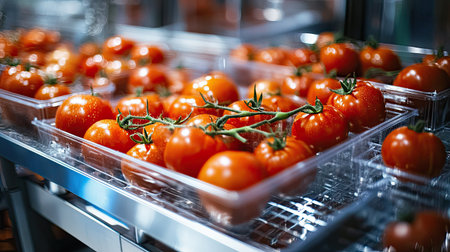 Industrial tomato sorting line with vibrant tomatoes in transparent trays, surrounded by shiny metal machineryの素材