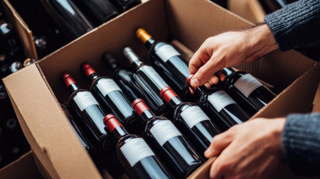 Close-up of hands opening a cardboard box revealing neatly arranged wine bottles with labels facing upwardの素材